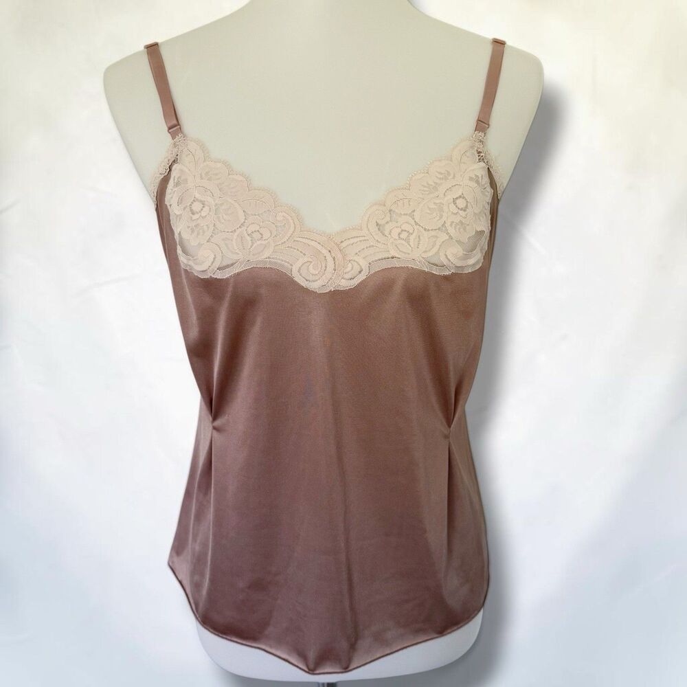 Vintage Lace Trim Vanity Fair Cami Camisole Brown Beige 34 Antron USA Sz S Small